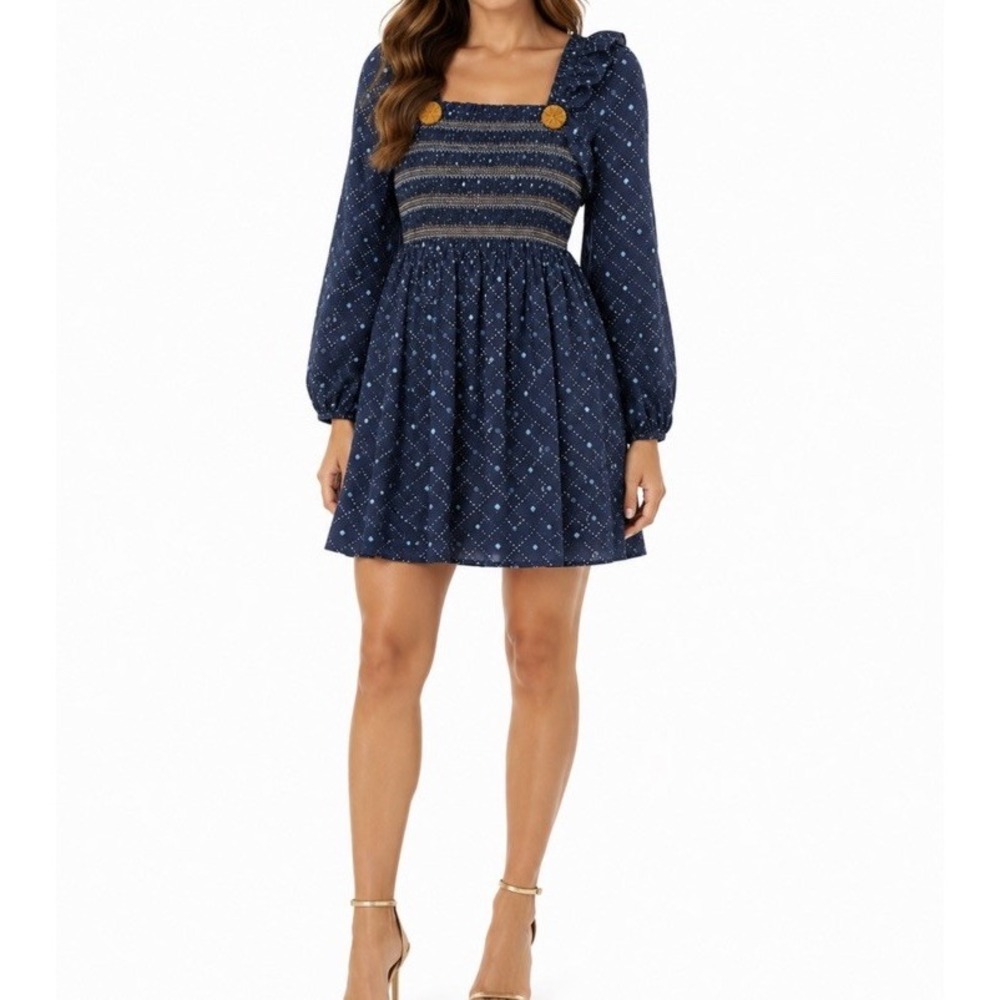 Figue Peony Dress Women's L NWT Navy Smocked Puff Sleeve Boho Mini Dress
